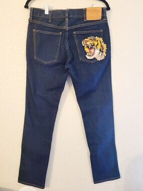 Gucci Navy Skinny Jeans with Yellow Tiger Embroidery